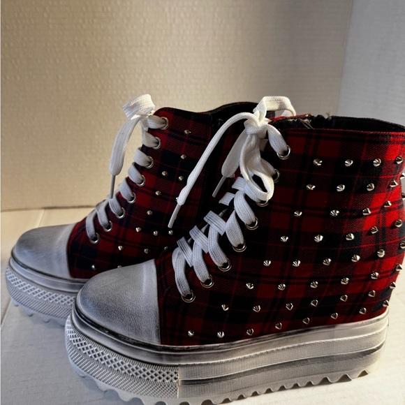 Anthony Wang Red Plaid High-Top Sneakers Silver Studs Goth Grunge Punk NIB 7 - Picture 2 of 6